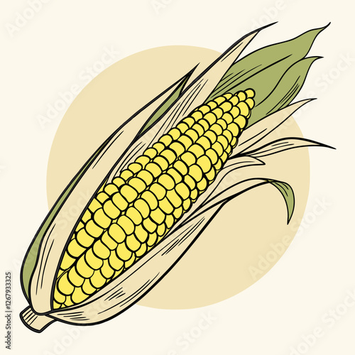 Fresh Golden Corn Cobs with Green Husks Organic Farm Produce Vector Illustration