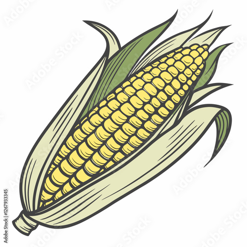 Fresh Golden Corn Cobs with Green Husks Organic Farm Produce Vector Illustration