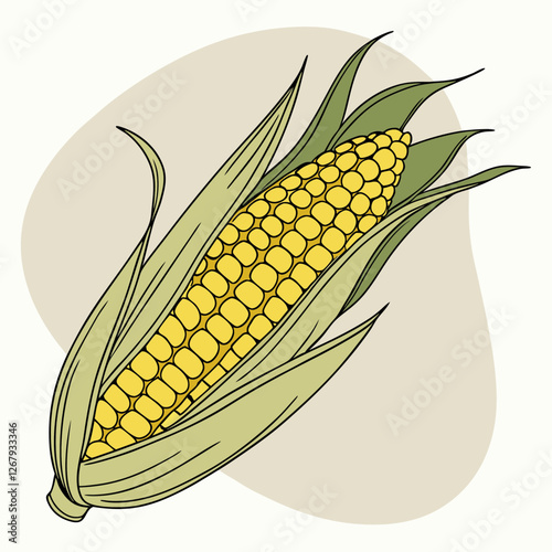 Fresh Golden Corn Cobs with Green Husks Organic Farm Produce Vector Illustration