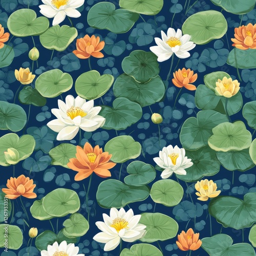 Seamless Pattern - Water lilies and lotus flowers in bloom