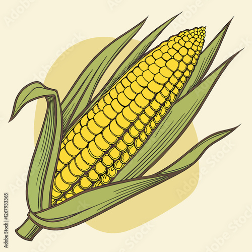 Fresh Golden Corn Cobs with Green Husks Organic Farm Produce Vector Illustration