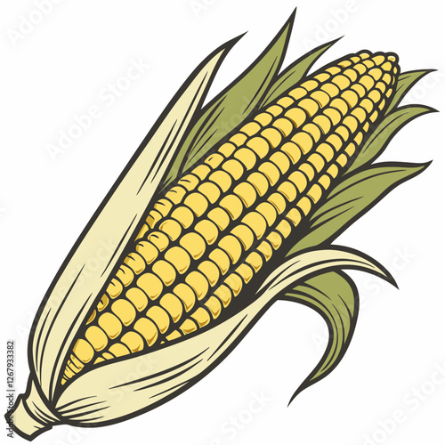 Fresh Golden Corn Cobs with Green Husks Organic Farm Produce Vector Illustration