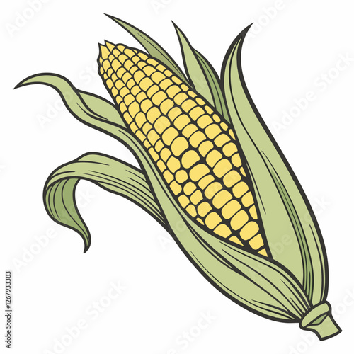 Fresh Golden Corn Cobs with Green Husks Organic Farm Produce Vector Illustration