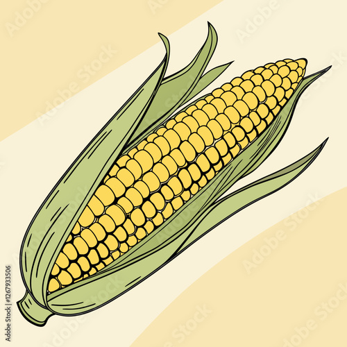 Fresh Golden Corn Cobs with Green Husks Organic Farm Produce Vector Illustration
