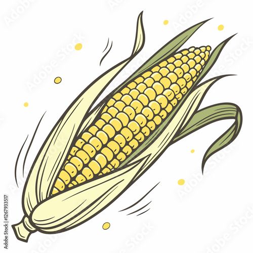 Fresh Golden Corn Cobs with Green Husks Organic Farm Produce Vector Illustration