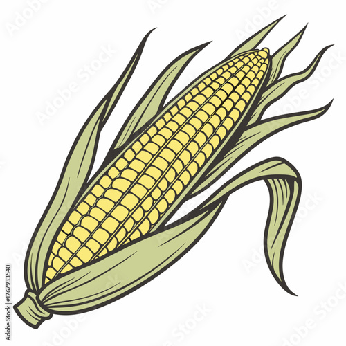 Fresh Golden Corn Cobs with Green Husks Organic Farm Produce Vector Illustration
