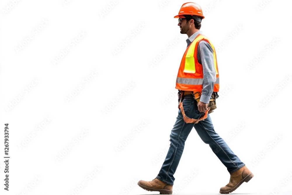 Construction Worker Walking Confidently in Safety Gear with Bright Orange Vest and Helmet
