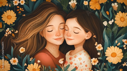 loving mother and daughter hugging with a floral bouquet on mother’s day capturing a heartwarming moment of joy and appreciation in a special celebration