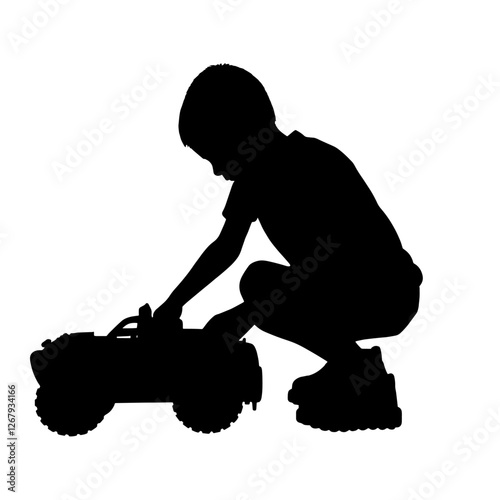 Silhouette of a young boy crouching, playing with a toy car on the floor, of childhood play, imagination, creativity, early development, fun activities, learning through play, exploration, joyful mome