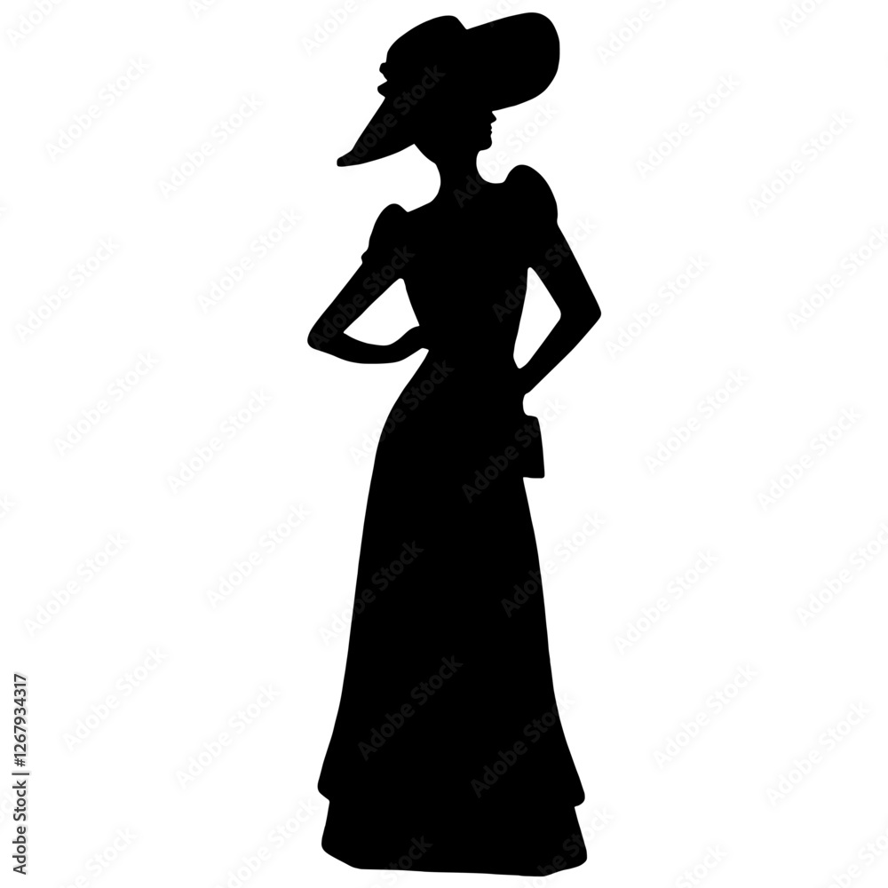 Silhouette of a woman in a wide-brimmed hat and long dress, standing in profile with one hand on her hip, the other relaxed, elegance, fashion, femininity, confidence, and grace in style. Silhouette of a woman in a wide-brimmed hat and long dress, standing in profile with one hand on her hip, the other relaxed, elegance, fashion, femininity, confidence, and grace in style.