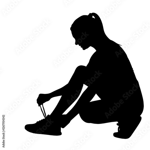 Silhouette of a person tying running shoes, sitting in profile with one hand on the shoelaces, sports, preparation, personal growth, health, fitness, motivation, determination in an athletic lifestyle