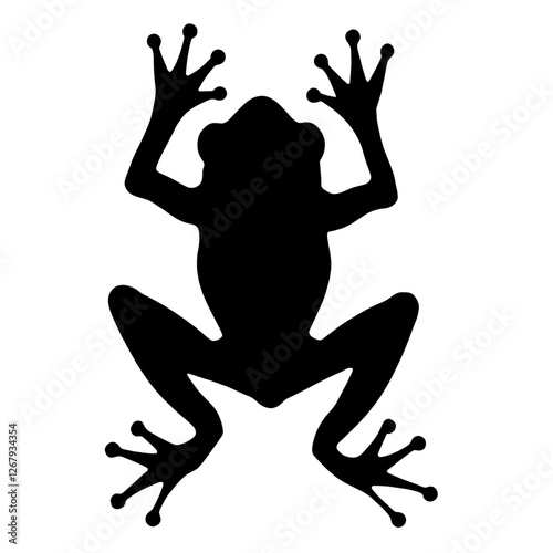 frog Silhouette of a frog with outstretched limbs, each with three fingers, amphibian nature, agility, flexibility, wild habitat,  movement, balance, adaptability in the animal kingdom.