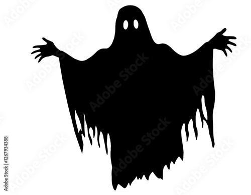 Silhouette of a ghost with raised arms, wearing a torn cloak and two glowing white eyes, Halloween, mystery, and the supernatural, symbolizing fear, mysticism, and spectral presence.