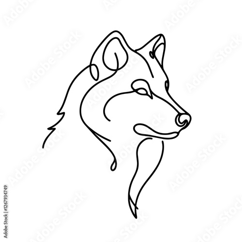 One-Line Contour Drawing of a Wolf’s Head in Profile with Defined Ears, Eyes, Nose, and Muzzle in Minimalist Style
