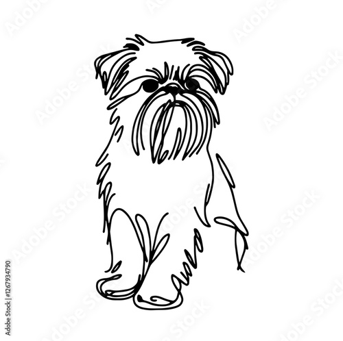 One-Line Contour Drawing of a Belgian Griffon Dog with Long Fur, Beard, and Drooping Ears in Minimalist Style