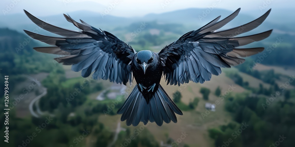 Fototapeta premium A magical bird of prey glides effortlessly through the spring sky, wings fully extended, revealing vibrant feathers as it surveys the scenic landscape below