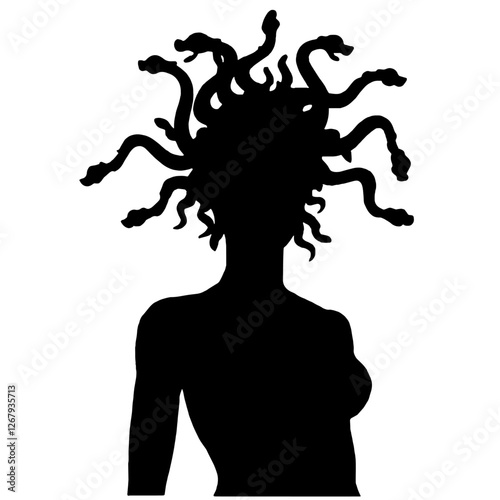 Silhouette of Medusa – Female Figure with Snake-covered Head, One Bare Arm and Shoulder, Representing Mythological Power, Mystery, and Greek Mythology, Profile View of Medusa's Head

