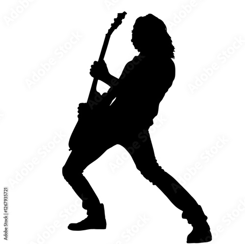 musician.Silhouette of a Person Playing Electric Guitar – Dynamic Musician in Action, Representing Creativity, Energy, and Passion for Music, Profile View with Raised Leg and Long Hair

