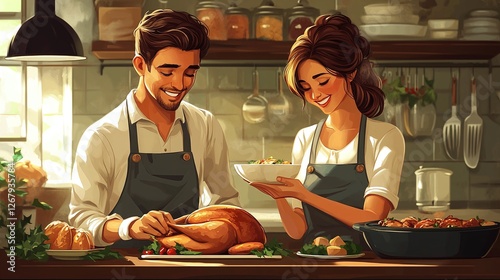 joyful couple preparing thanksgiving or christmas dinner together serving turkey and creating a warm family gathering filled with holiday spirit