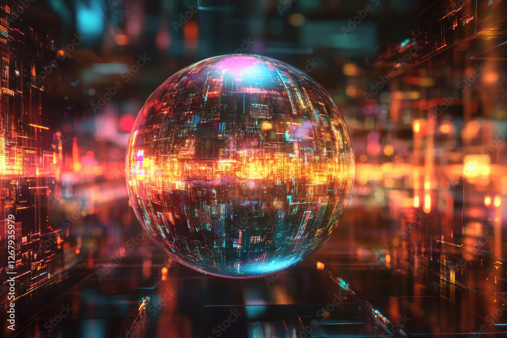 A glowing sphere encapsulates a futuristic cityscape, representing digital technology and data streams. A glowing sphere encapsulates a futuristic cityscape, representing digital technology and data streams.