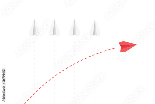 Think differently concept. Be different. Red paper airplane changing direction.