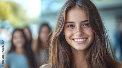 portrait of smiling girl with brown hair surrounded by her friends enjoying a cheerful moment and celebrating friendship in the background