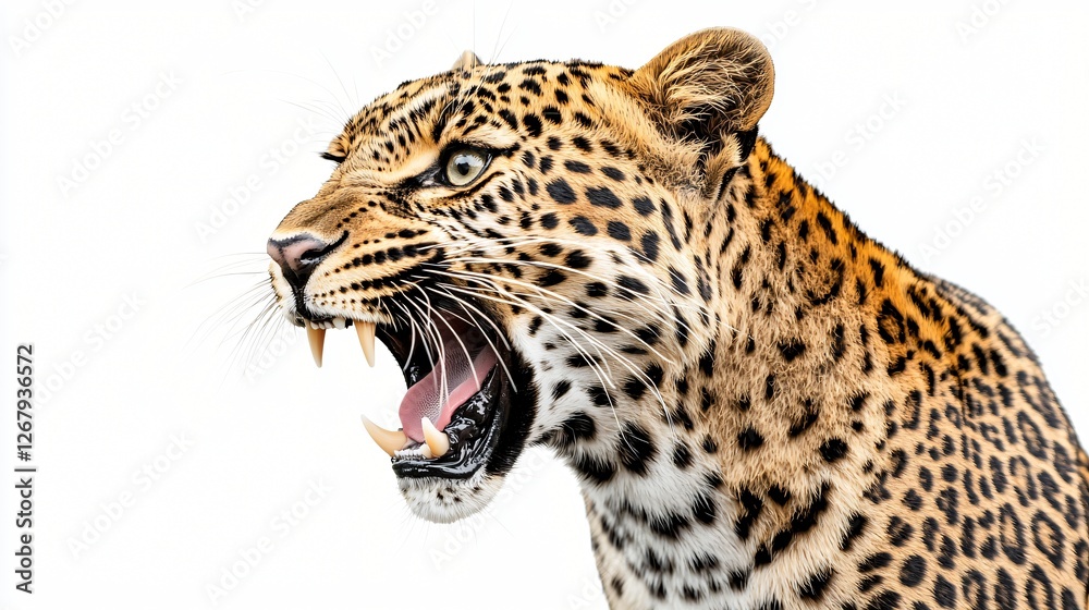 Fototapeta premium Roaring Leopard, Wildlife, Africa, White Background, Nature Photography