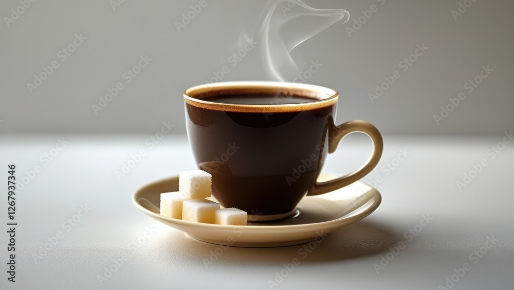 Obraz premium Steaming coffee cup with sugar cubes on saucer