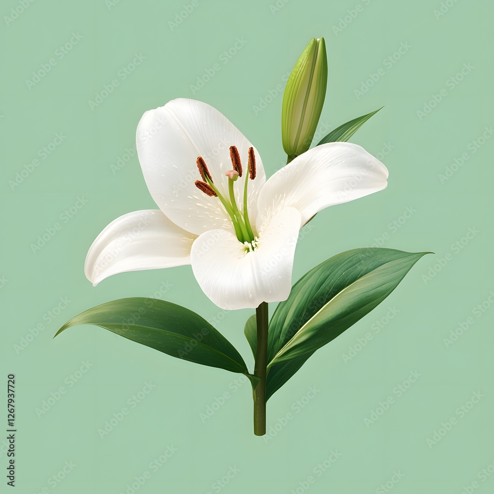 Fototapeta premium Delicate white lily blooming in nature close-up floral photography serene green background focus on elegance and beauty