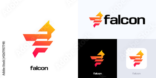 Falcon logo, Letter F combination with falcon, initial F with wings logo icon vector, Flying bird gradient color logo, Simple modern logotype for identity business.