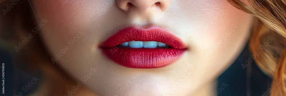 Fototapeta premium A confident woman with newly enhanced permanent makeup on her lips, showing off her vibrant, flawless lip color.