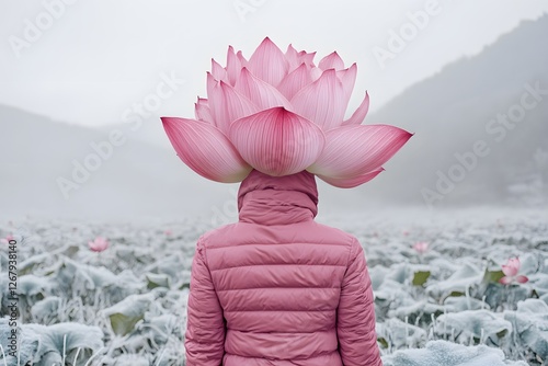 Person wearing a pink coat with a large lotus flower headpiece in a misty lotus field
