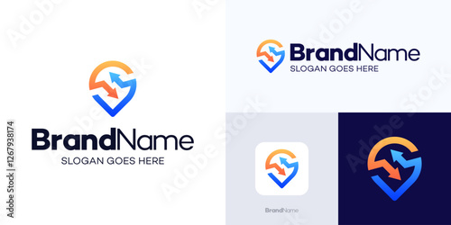 Guide location arrow Logo, Simple concept integrated icon location pin and arrow up arrow down, Creative modern destination guide Logo, Icon transportation design Inspiration, Premium vector template.