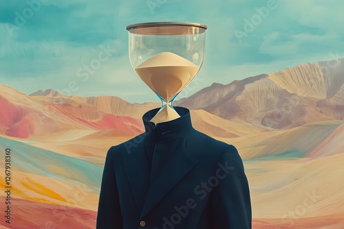 Surreal figure with an hourglass head in a colorful desert landscape during daytime