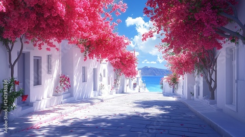 Fototapeta Naklejka Na Ścianę i Meble -  beautiful bougainvillea blooming on the whitewashed streets of santorini, greece, capturing the vibrant charm and beauty of mediterranean village life