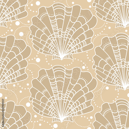Motifs of shells with pearls on a beige background. Seamless background for fabrics, textiles, packaging and wallpaper. Vector illustration