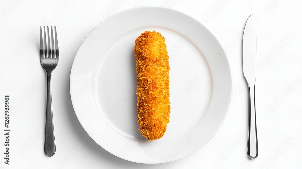 A single breaded, fried food item sits on a white plate, flanked by a fork and knife. Simple, minimalist food photography. A single breaded, fried food item sits on a white plate, flanked by a fork and knife. Simple, minimalist food photography.