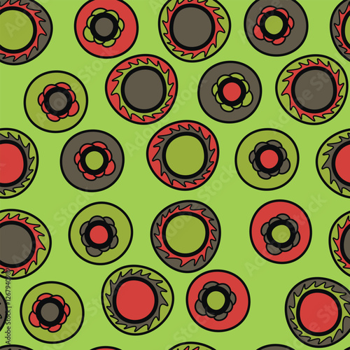 Seamless pattern with geometric aboriginal ornament. Ethnic tribal rounded color background. Afican, australian motiph. Dots painting. Vector illustration, template design for cloth, card, fabric.