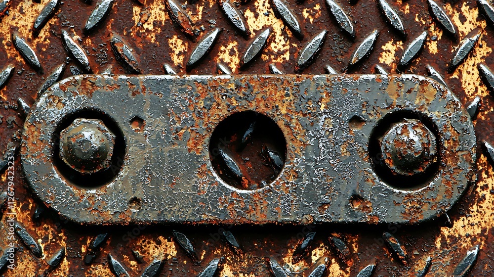 Rusty metal plate with bolts on diamond plate background Rusty metal plate with bolts on diamond plate background