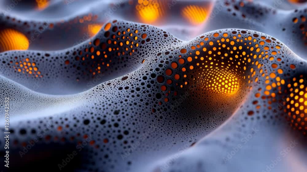 Glowing porous landscape with illuminated holes and textured surface
