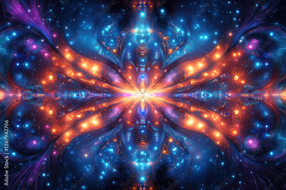 Fototapeta premium A mesmerizing fractal artwork depicting a cosmic, symmetrical design with vibrant blue, orange, and purple hues, resembling a celestial butterfly or flower.