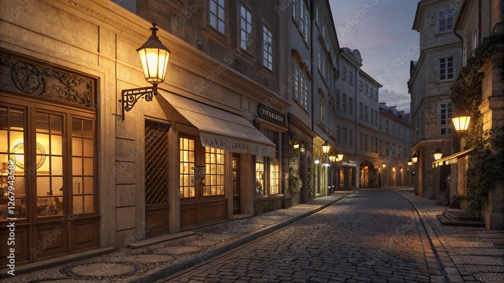 Historic European cobblestone street at night, warm lanterns casting long shadows, charming vintage storefronts. Ultra-detailed, high-resolution 8K. Historic European cobblestone street at night, warm lanterns casting long shadows, charming vintage storefronts. Ultra-detailed, high-resolution 8K.