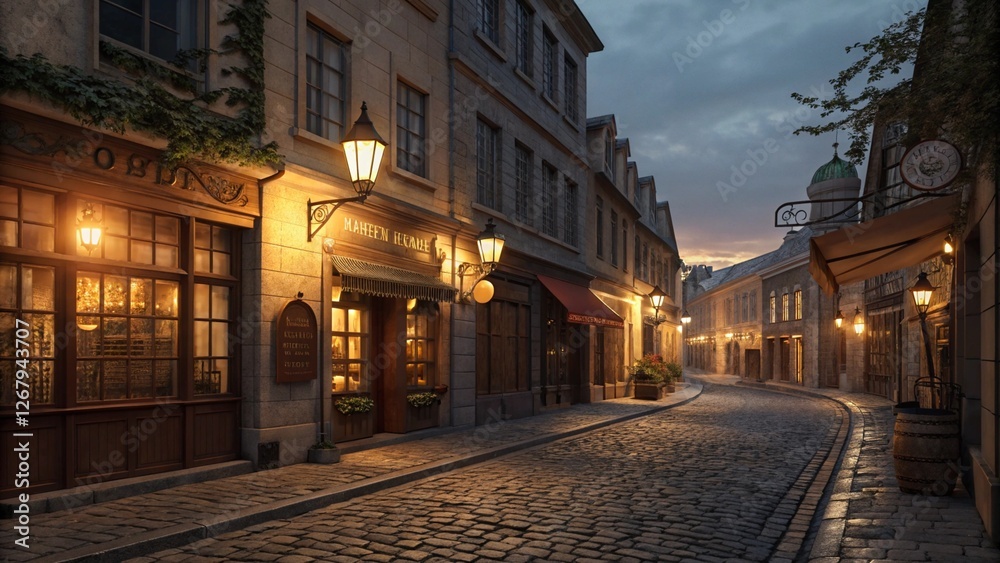 Fototapeta premium Historic European cobblestone street at night, warm lanterns casting long shadows, charming vintage storefronts. Ultra-detailed, high-resolution 8K.