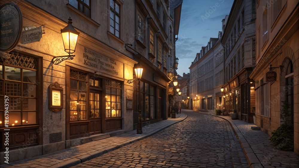 Fototapeta premium Historic European cobblestone street at night, warm lanterns casting long shadows, charming vintage storefronts. Ultra-detailed, high-resolution 8K.