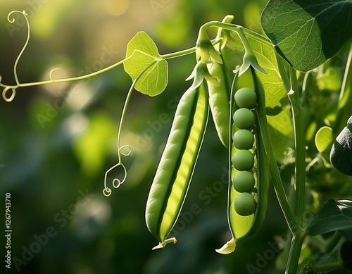 Fresh green peas grow on a vine in a bright garden under natural sunlight