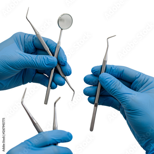 Close-up of various dental instruments (mirror, probes, and scaler) held by gloved hands against a pure white background