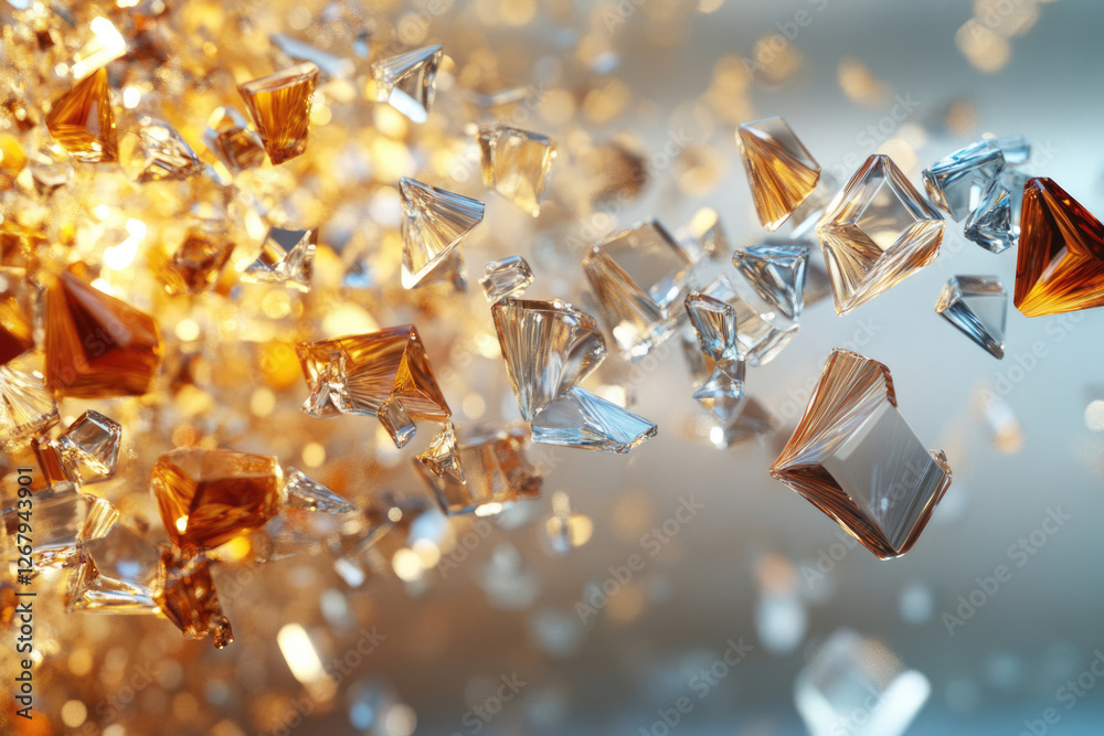 Shimmering amber and clear crystals float and disperse in mid-air, creating a dazzling, luxurious spectacle. Shimmering amber and clear crystals float and disperse in mid-air, creating a dazzling, luxurious spectacle.