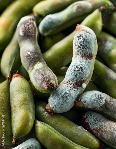Moldy beans in close proximity, showcasing the impact of moisture and age in a humid environment photo