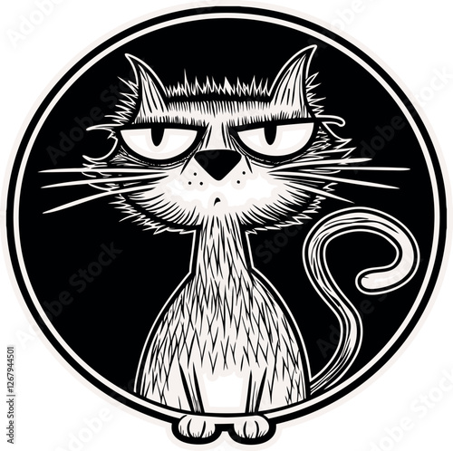 Vintage Cool Skeptical Cat Black and White Illustration