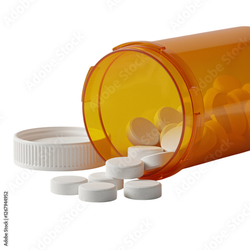 Close-up of an open orange prescription bottle with white round pills spilling out